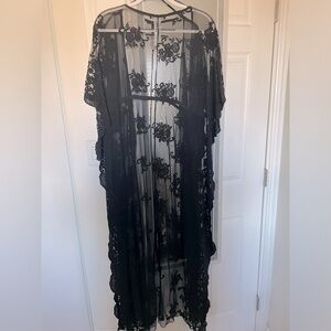 Long black mesh floral kimono/ bathing suit cover up